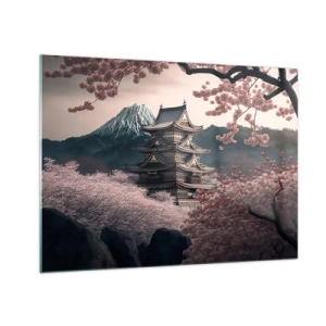 Cuadro sobre vidrio - Impresiones sobre Vidrio - Una pagoda japonesa tradicional entre flores de cerezo y montañas. - 70x50cm - Tierra de cerezos en flor - Decoración de pared moderna para salón y dormitorio ARTTOR