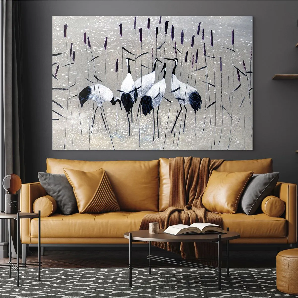 Cuadro sobre vidrio - Impresiones sobre Vidrio - Cuatro grullas entre los juncos junto al lago - 100x70cm - Entre los suyos - Decoración de pared moderna para salón y dormitorio ARTTOR