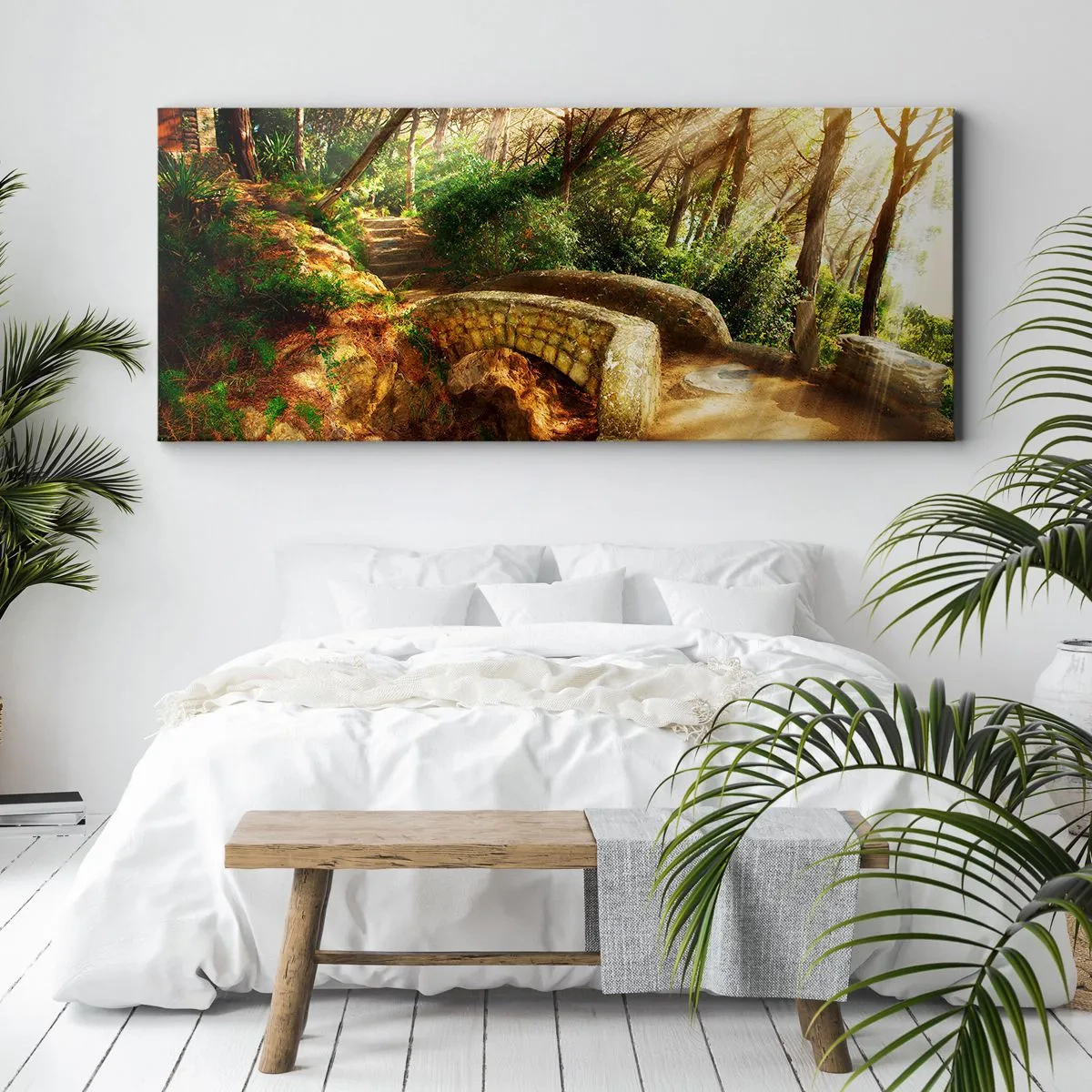 Cuadro sobre lienzo - Impresión de Imagen - Paisaje forestal con rayos de sol y un puente de piedra. - 160x50cm - Directamente desde el puente hacia el bosque de las hadas - Decoración de pared moderna para salón y dormitorio ARTTOR