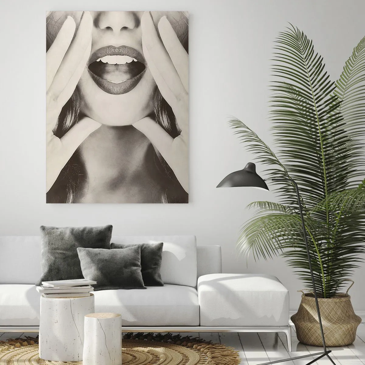 Cuadro sobre vidrio - Impresiones sobre Vidrio - Una mujer con lápiz labial en los labios y las manos en la cara. - 50x70cm - ¡Ya estoy en camino! - Decoración de pared moderna para salón y dormitorio ARTTOR