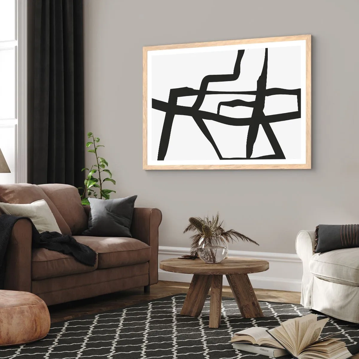 Póster en marco roble claro - Construcción en blanco y negro - 91x61 cm