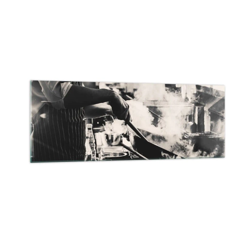 Cuadro sobre vidrio - Impresiones sobre Vidrio - Un chef trabajando en la cocina con vapor saliendo de una sartén. - 140x50cm - Alquimia de sabores - Decoración de pared moderna para salón y dormitorio ARTTOR
