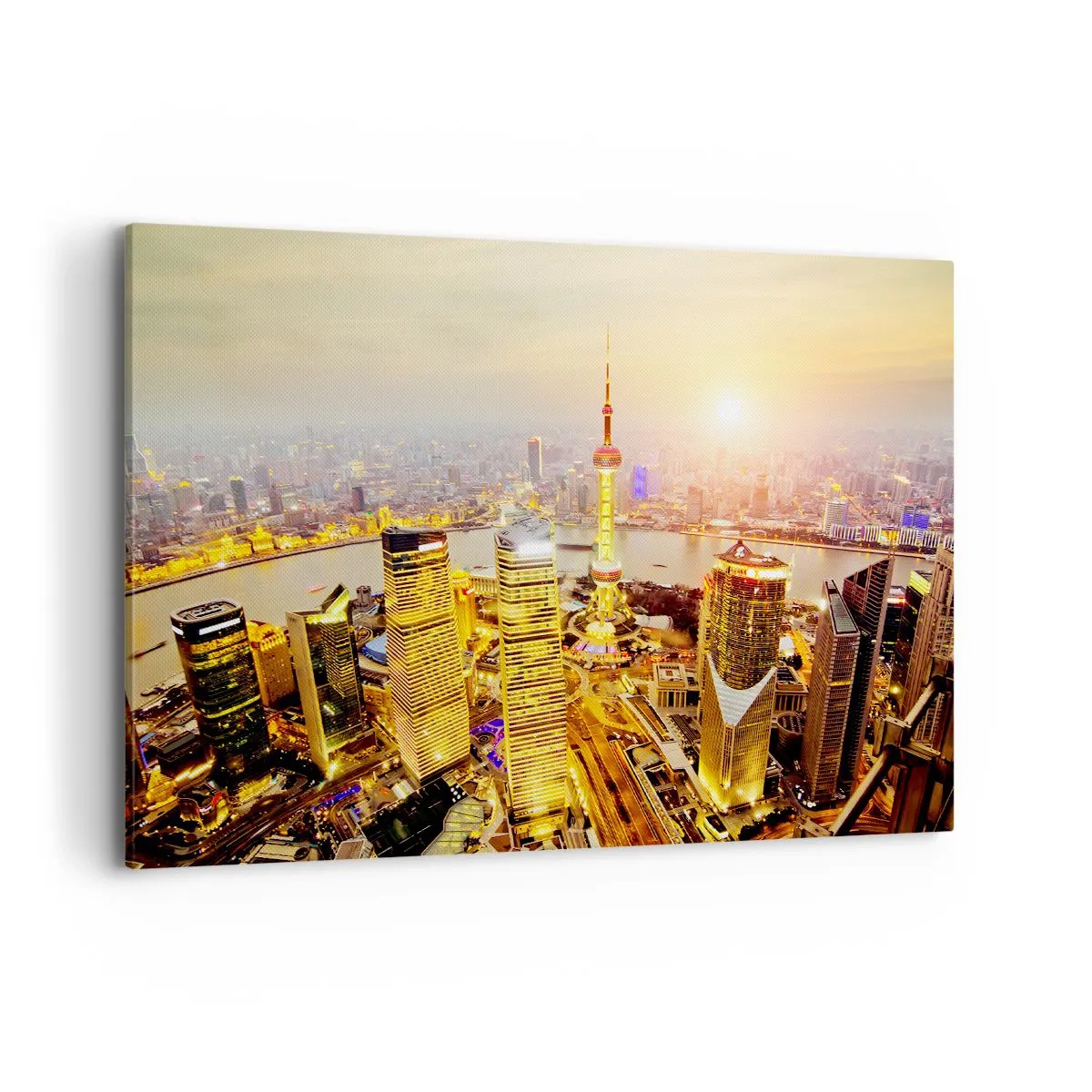 Cuadro sobre lienzo - Impresión de Imagen - Panorama de la ciudad con rascacielos al atardecer - 100x70cm - Sueño asiático - Decoración de pared moderna para salón y dormitorio ARTTOR