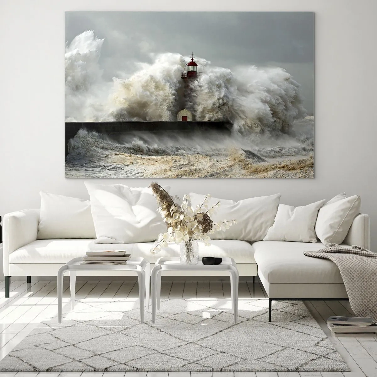 Cuadro sobre vidrio - Impresiones sobre Vidrio - Un faro rodeado de poderosas olas - 100x70cm - La furia del océano - Decoración de pared moderna para salón y dormitorio ARTTOR