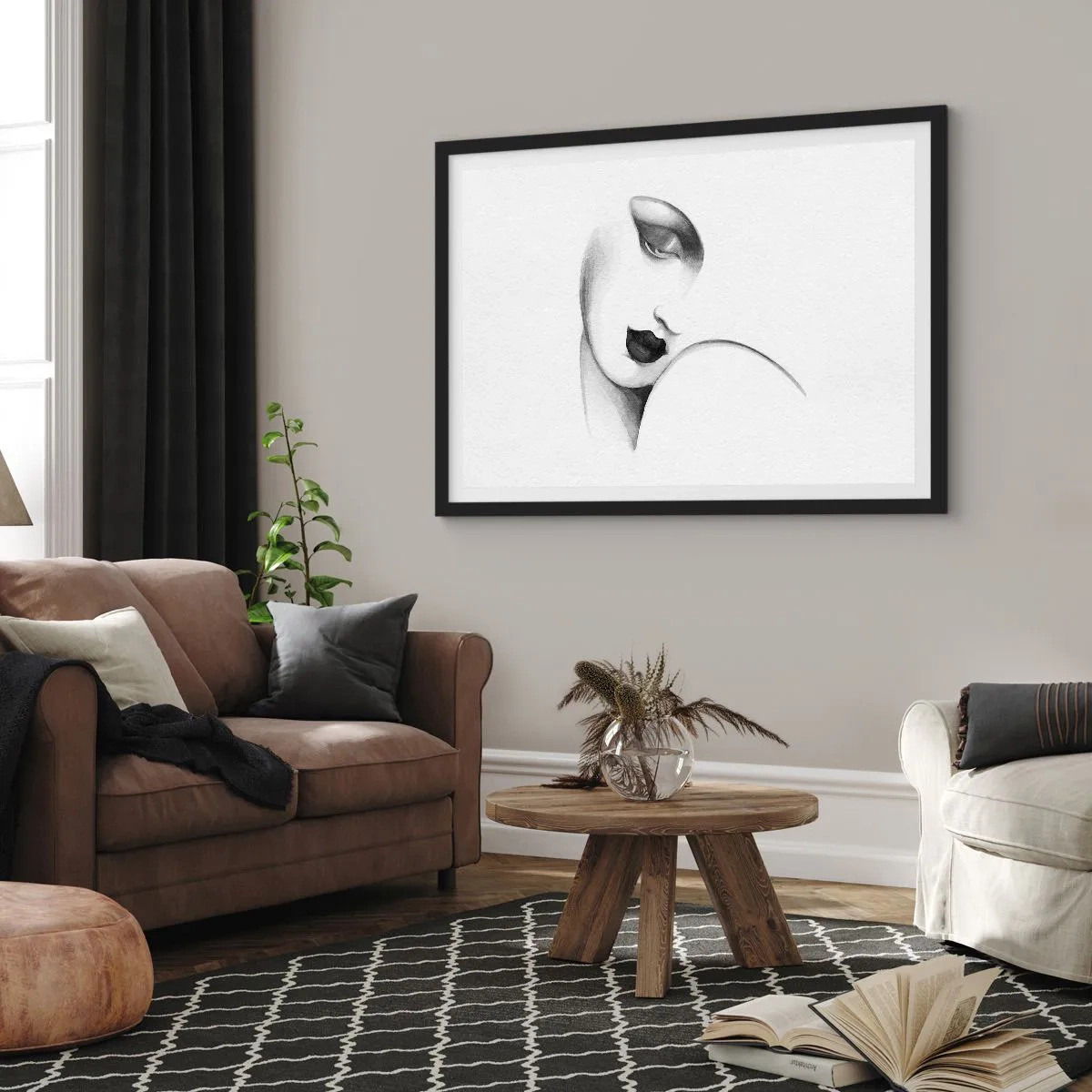 Póster en marco negro - Un retrato sutil de una mujer en estilo monocromático. - 100x70cm - Pensativa - Decoración de pared moderna para salón y dormitorio ARTTOR