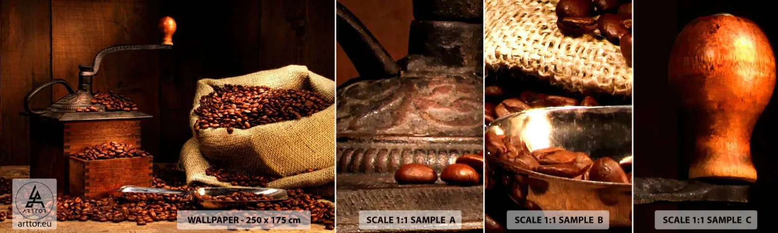 Muestra de fotomural autoadhesivo Deluxe Sticker - Bodegón con granos de café y molinillo - Gastronomía, Café, molinillo de cafe - 100x30 cm