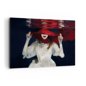 Cuadro sobre lienzo - Impresión de Imagen - Una mujer con un sombrero rojo sumergida en el agua. - 120x80cm - Blanco y rojo - Decoración de pared moderna para salón y dormitorio ARTTOR