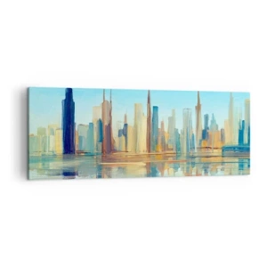 Cuadro sobre lienzo - Impresión de Imagen - Un panorama de la ciudad en colores cálidos con reflejo en el agua. - 140x50cm - Metrópolis soleada - Decoración de pared moderna para salón y dormitorio ARTTOR