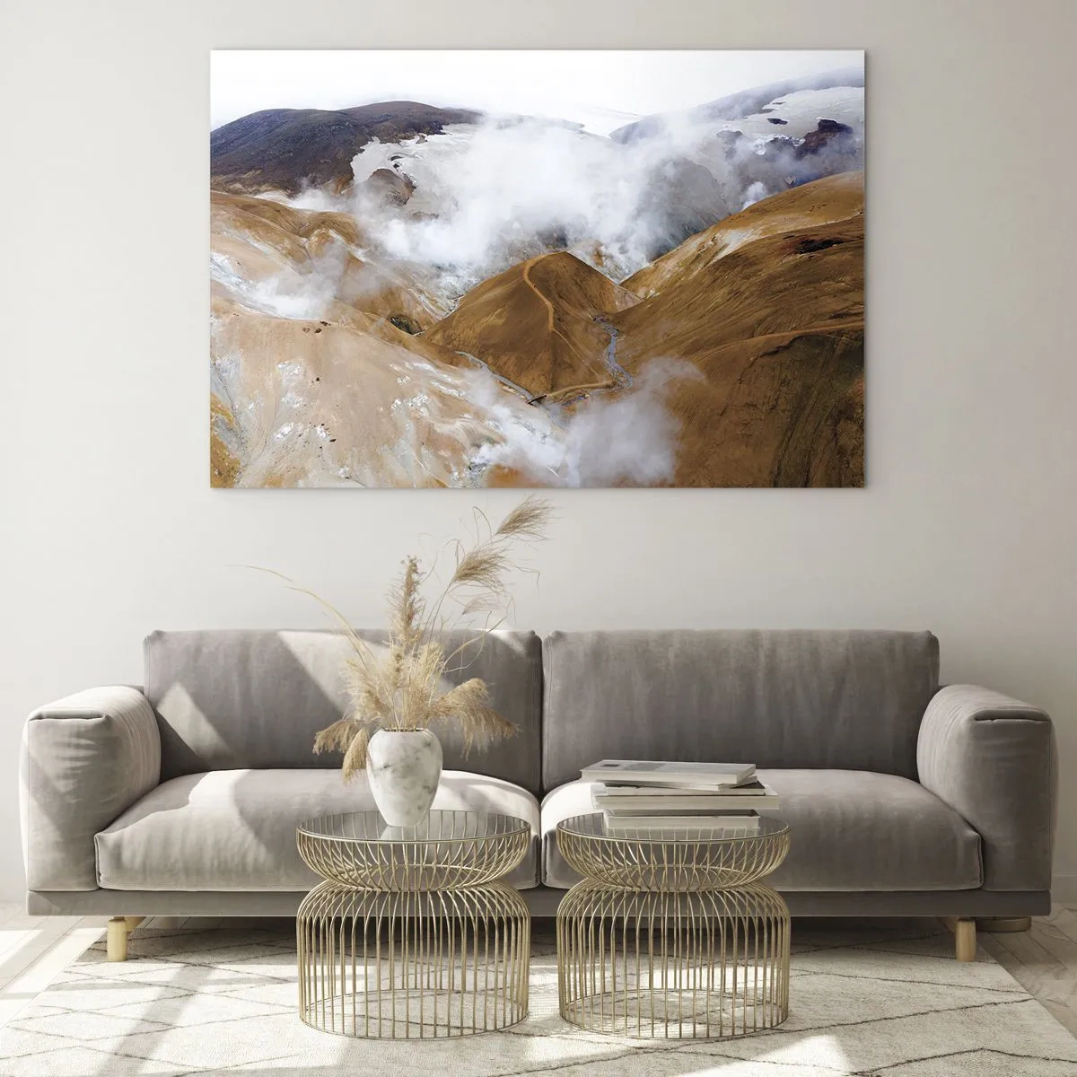 Cuadro sobre vidrio - Impresiones sobre Vidrio - Vista aérea de las humeantes colinas y valles islandeses - 70x50cm - La dura belleza de Islandia - Decoración de pared moderna para salón y dormitorio ARTTOR