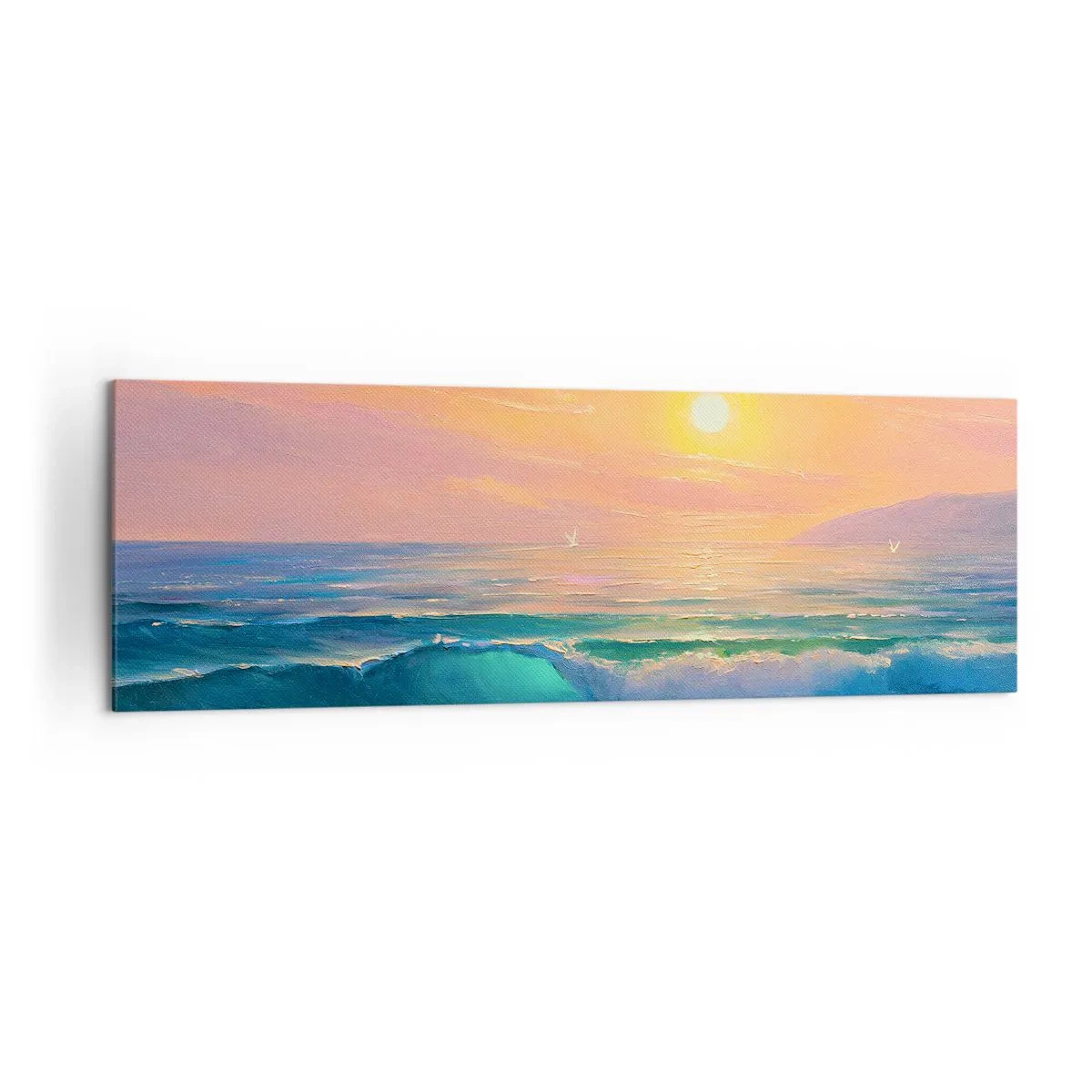 Cuadro sobre lienzo - Impresión de Imagen - Paisaje marino con puesta de sol - 160x50cm - El canto turquesa de las olas - Decoración de pared moderna para salón y dormitorio ARTTOR