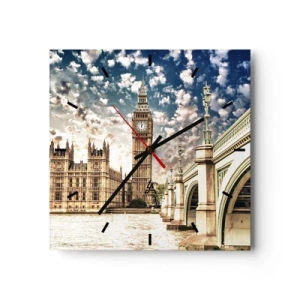 Reloj de pared - Reloj de vidrio - El Big Ben y el puente de Westminster iluminados por el sol en Londres - 30x30cm - Nubes sobre el Támesis - Decoración de pared moderna para salón y dormitorio ARTTOR