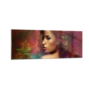 Cuadro sobre vidrio - Impresiones sobre Vidrio - Una mujer con reflejos coloridos creando un fondo abstracto. - 140x50cm - Más hermosa que un arco iris, tan delicada como la niebla - Decoración de pared moderna para salón y dormitorio ARTTOR