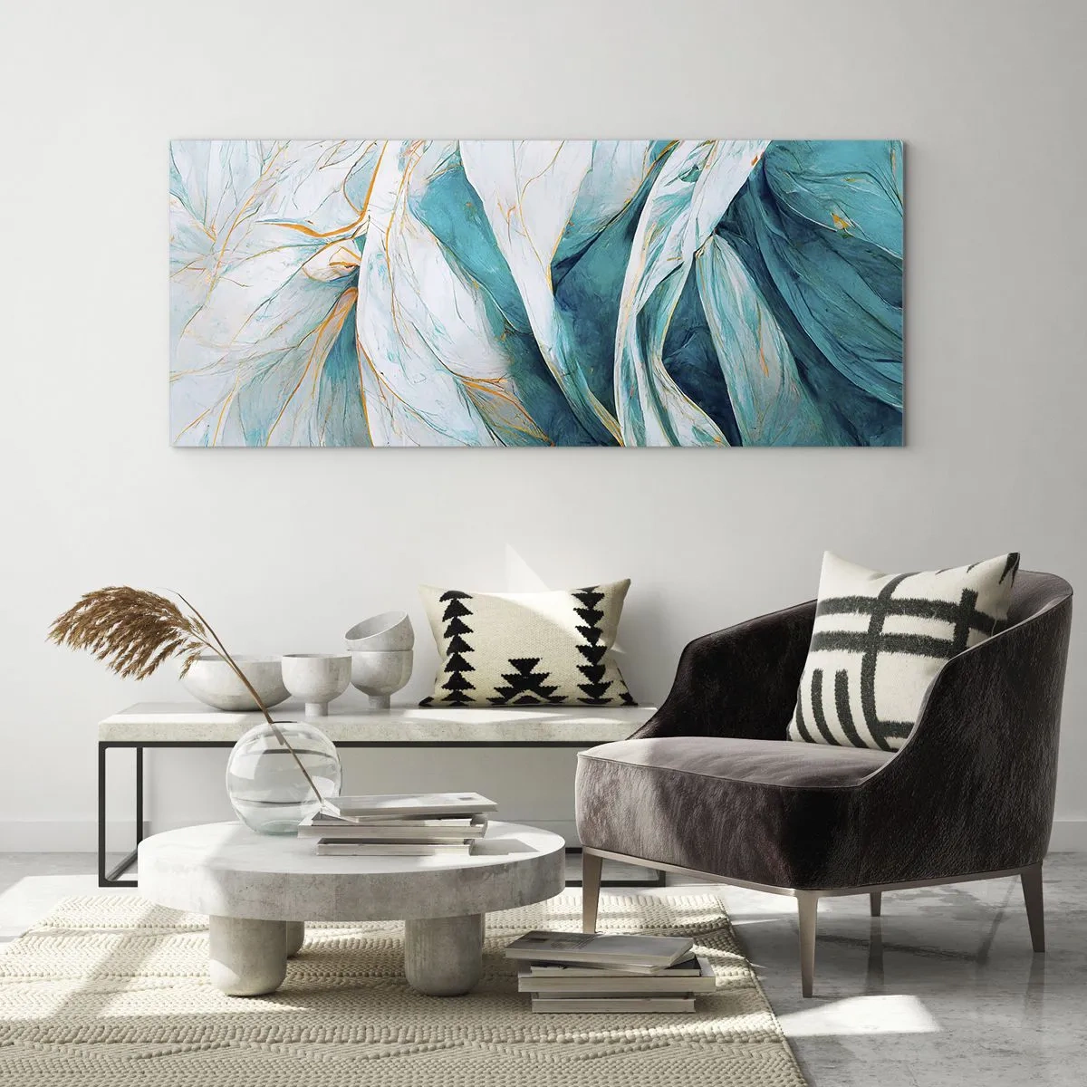 Cuadro sobre vidrio - Impresiones sobre Vidrio - Abstracción azul con motivos dorados - 100x40 cm