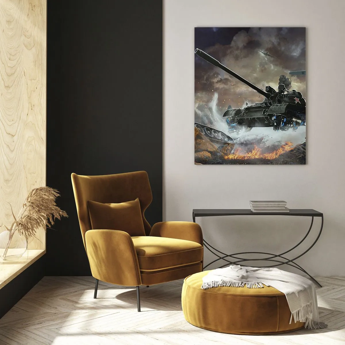 Cuadro sobre vidrio - Impresiones sobre Vidrio - Un tanque en acción con el telón de fondo de un dramático campo de batalla. - 50x70cm - La batalla es terrible y hermosa - Decoración de pared moderna para salón y dormitorio ARTTOR