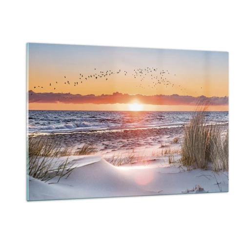 Cuadro sobre vidrio - Impresiones sobre Vidrio - Puesta de sol sobre el mar con pájaros y dunas de arena. - 120x80cm - Paisaje horizontal - Decoración de pared moderna para salón y dormitorio ARTTOR