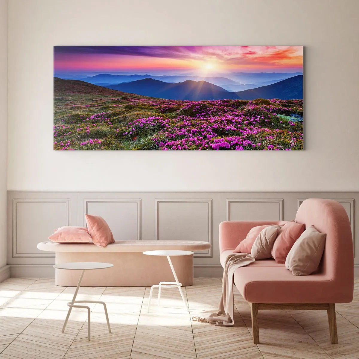 Cuadro sobre vidrio - Impresiones sobre Vidrio - Prado de montaña con flores al atardecer - 160x50cm - Dulce aroma a frescura - Decoración de pared moderna para salón y dormitorio ARTTOR