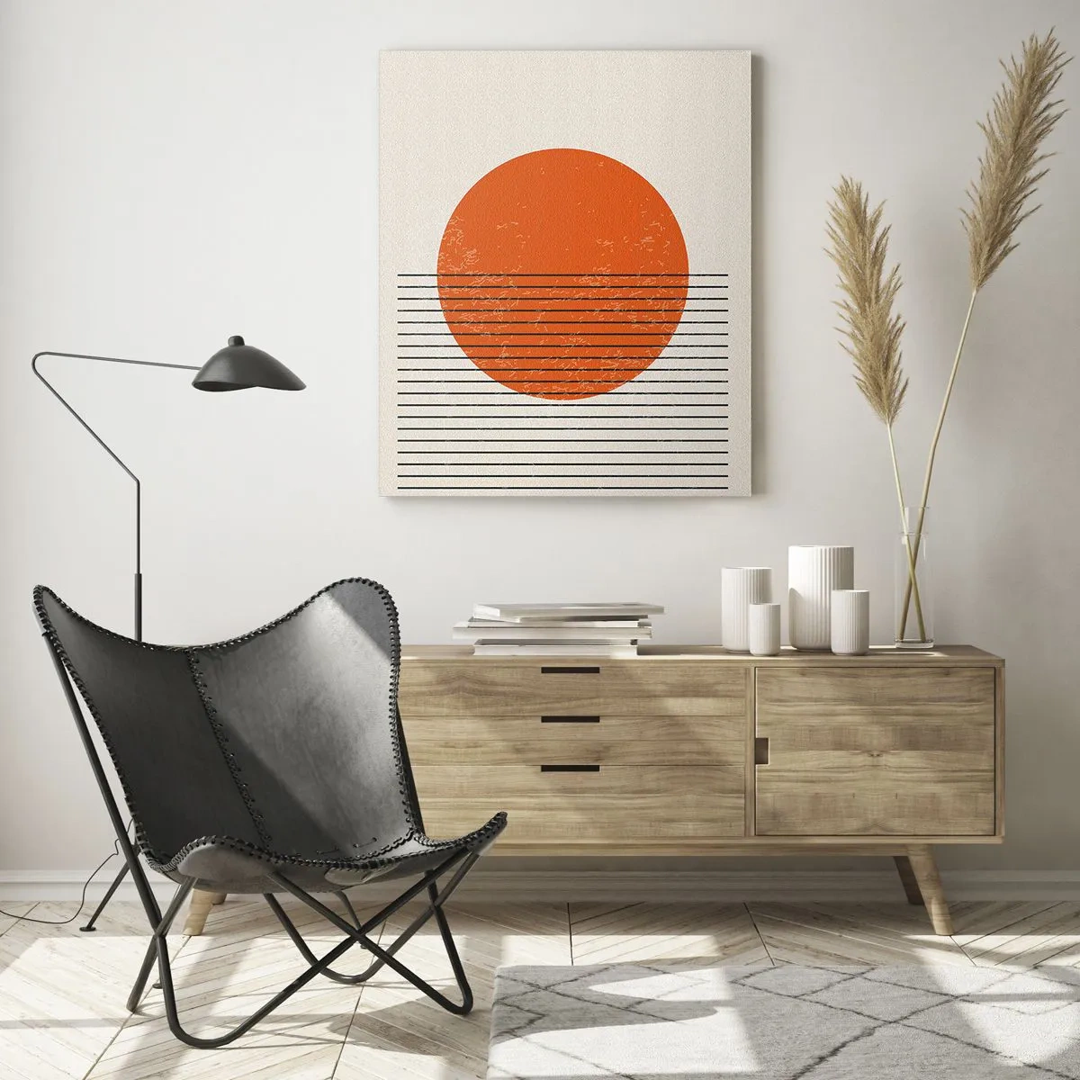Cuadro sobre vidrio - Impresiones sobre Vidrio - Composición geométrica con círculo naranja y líneas. - 50x70cm - Siempre el sol - Decoración de pared moderna para salón y dormitorio ARTTOR