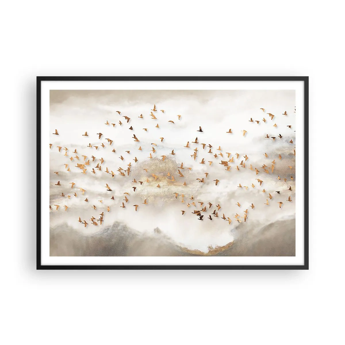 Póster en marco negro - Pájaros dorados contra las montañas brumosas - 100x70cm - Es hora... - Decoración de pared moderna para salón y dormitorio ARTTOR