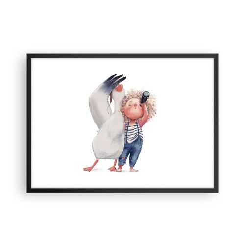 Póster en marco negro - Ilustración de un niño con un pelícano y un telescopio en la mano. - 70x50cm - Un plan para un gran viaje - Decoración de pared moderna para salón y dormitorio ARTTOR