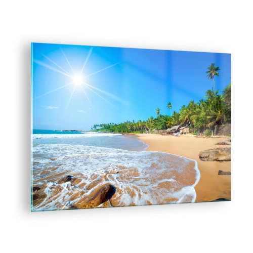 Cuadro sobre vidrio - Impresiones sobre Vidrio - Playa tropical con palmeras y olas bajo un cielo azul. - 70x50cm - Un lugar exótico para ti - Decoración de pared moderna para salón y dormitorio ARTTOR