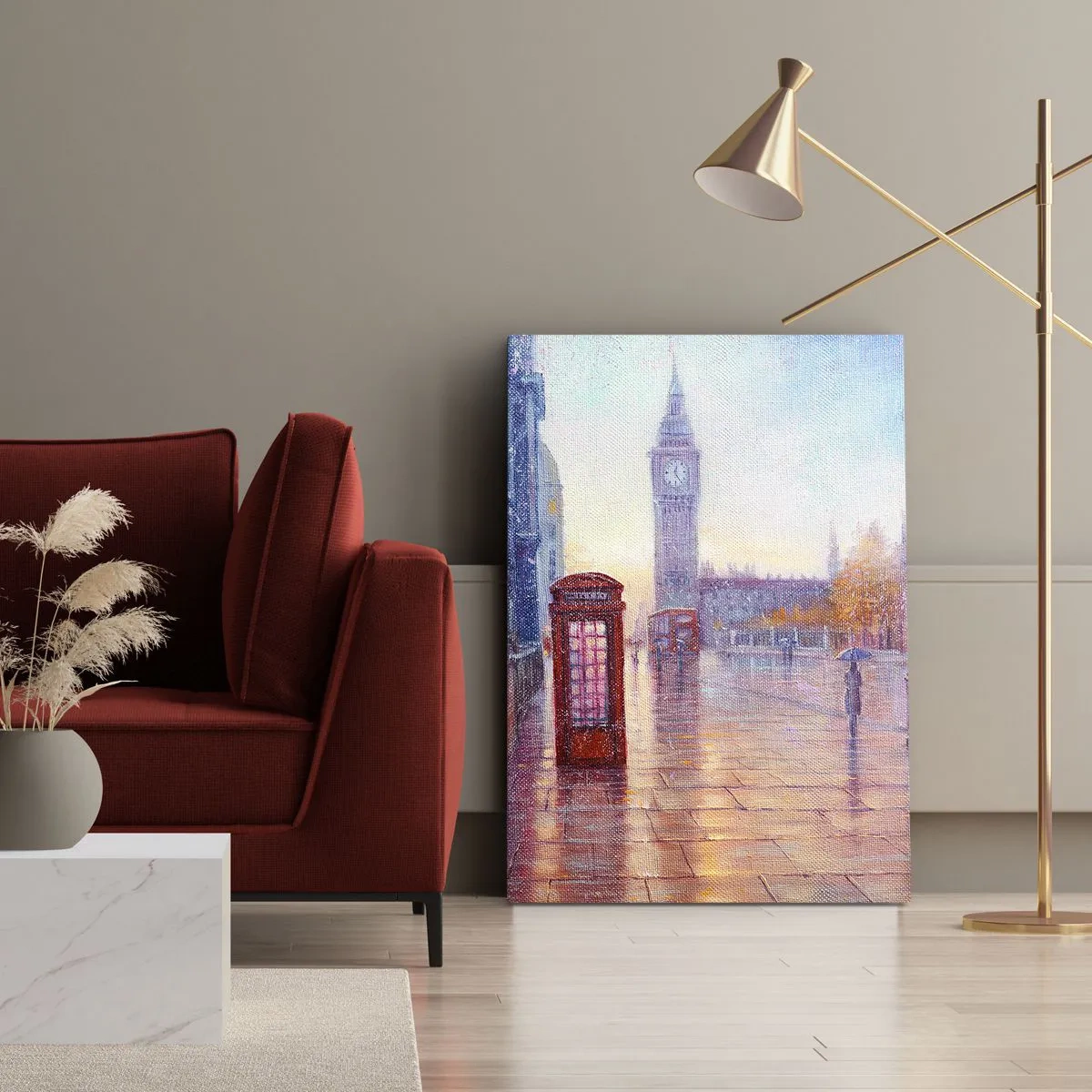 Cuadro sobre lienzo - Impresión de Imagen - Calle de Londres con el Big Ben en un día lluvioso - 50x70cm - Un día de otoño en Londres - Decoración de pared moderna para salón y dormitorio ARTTOR