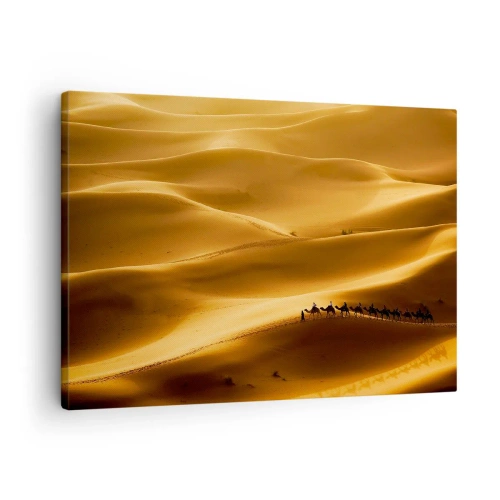 Cuadro sobre lienzo - Impresión de Imagen - Una caravana de camellos vagando por las dunas doradas del desierto. - 70x50cm - Caravana sobre las olas del desierto - Decoración de pared moderna para salón y dormitorio ARTTOR