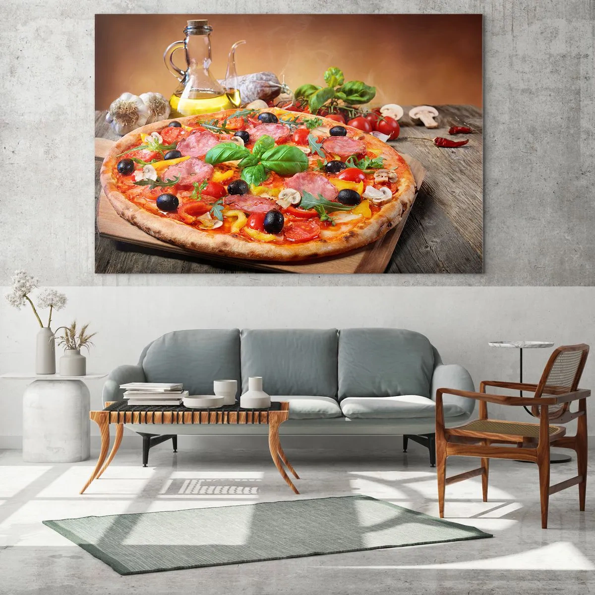 Cuadro sobre vidrio - Impresiones sobre Vidrio - Pizza con ingredientes sobre una mesa de madera con aceite de oliva y especias. - 120x80cm - Con un verdadero sabor italiano - Decoración de pared moderna para salón y dormitorio ARTTOR