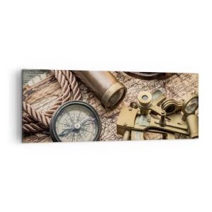 Cuadro sobre lienzo - Impresión de Imagen - Una brújula, un sextante y un telescopio sobre el fondo de un mapa antiguo y una cuerda náutica. - 140x50cm - Establecer un rumbo - Decoración de pared moderna para salón y dormitorio ARTTOR
