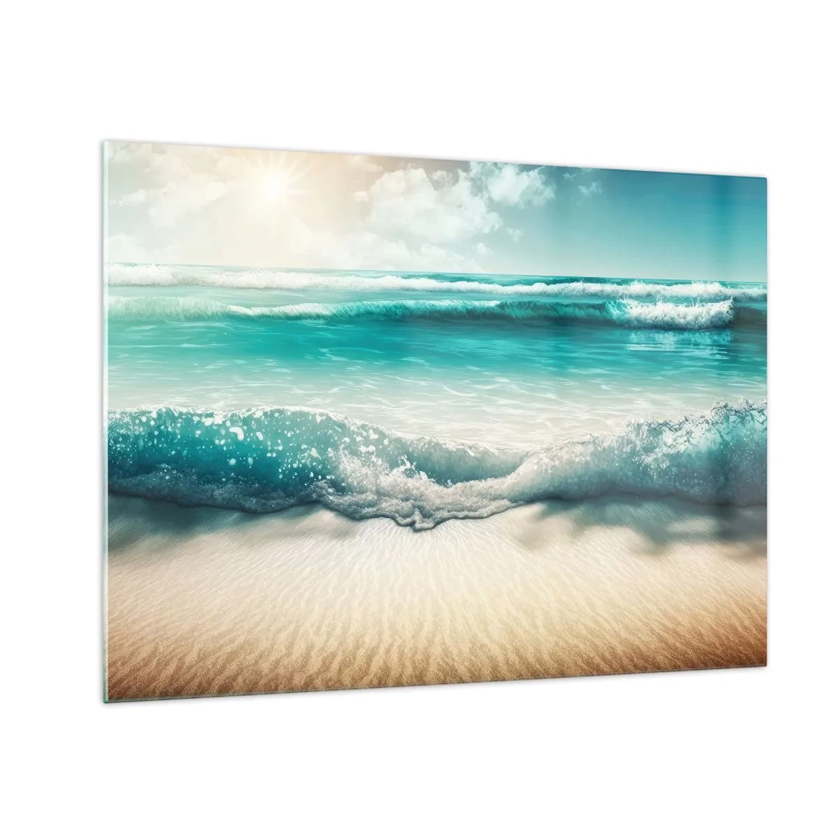 Cuadro sobre vidrio - Impresiones sobre Vidrio - Olas turquesas del océano golpeando una playa de arena - 70x50cm - Calma oceánica - Decoración de pared moderna para salón y dormitorio ARTTOR