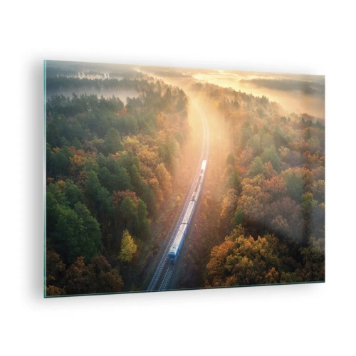 Cuadro sobre vidrio - Impresiones sobre Vidrio - Un tren en un pintoresco paisaje otoñal, lleno de calidez y nostalgia. - 70x50cm - Un viaje otoñal - Decoración de pared moderna para salón y dormitorio ARTTOR