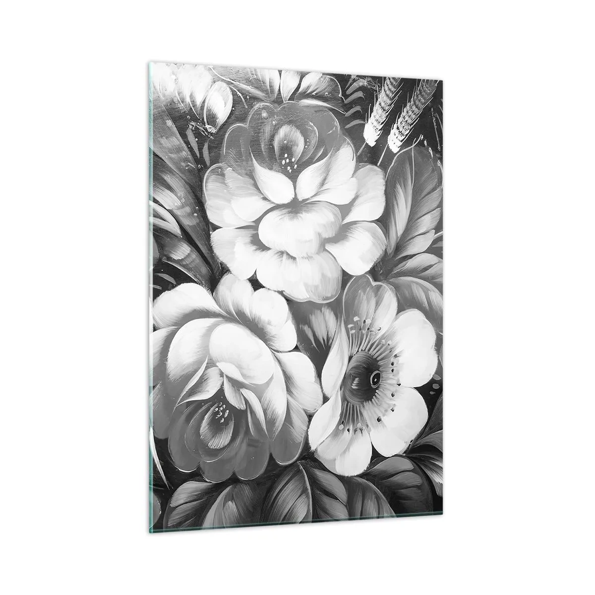 Cuadro sobre vidrio - Impresiones sobre Vidrio - Un elegante ramo de flores en tonos grises. - 50x70cm - Hermoso incluso en el gris - Decoración de pared moderna para salón y dormitorio ARTTOR
