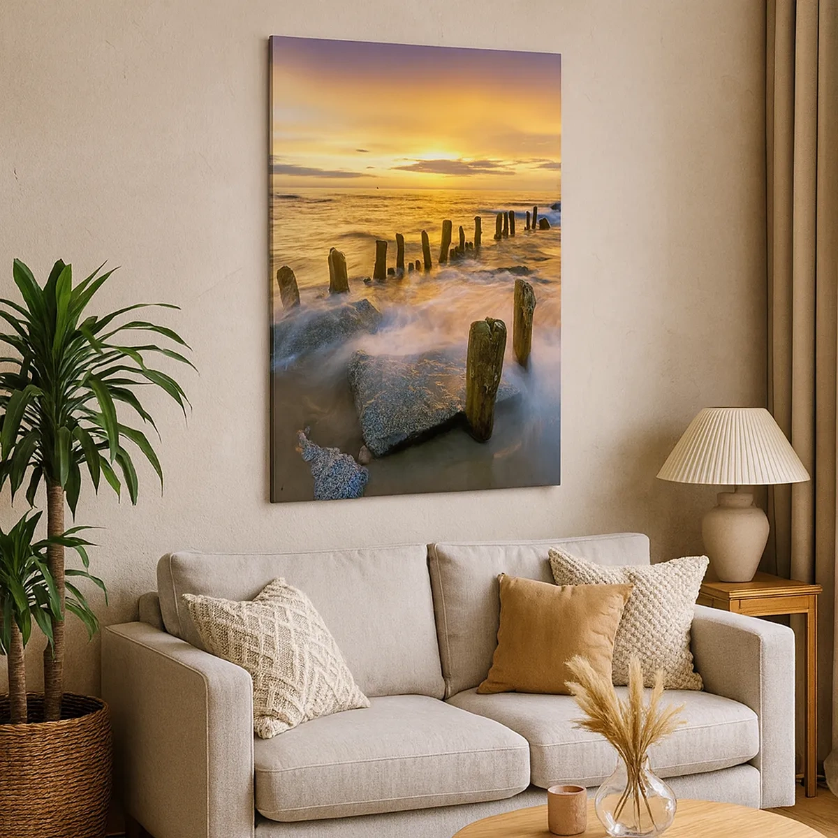 Cuadro sobre lienzo - Impresión de Imagen - Puesta de sol sobre el mar con los restos de un antiguo muelle - 50x70cm - La cruda belleza del Báltico - Decoración de pared moderna para salón y dormitorio ARTTOR
