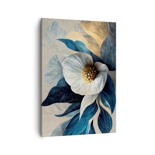 Cuadro sobre lienzo - Impresión de Imagen - Una flor con hojas azules sobre un fondo elegante. - 50x70cm - Con un corazón de oro - Decoración de pared moderna para salón y dormitorio ARTTOR
