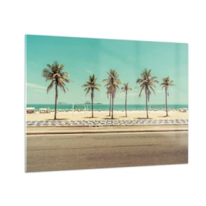 Cuadro sobre vidrio - Impresiones sobre Vidrio - Palmeras en el paseo marítimo con la playa y el océano al fondo - 70x50cm - En la playa - Decoración de pared moderna para salón y dormitorio ARTTOR