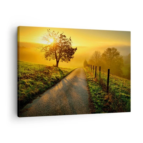 Cuadro sobre lienzo - Impresión de Imagen - Una pintoresca carretera al atardecer con un árbol solitario al fondo. - 70x50cm - Tarde melosa - Decoración de pared moderna para salón y dormitorio ARTTOR