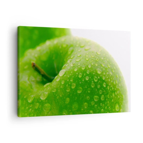 Cuadro sobre lienzo - Impresión de Imagen - Primer plano de una manzana verde con gotas de agua. - 70x50cm - Frescor verde - Decoración de pared moderna para salón y dormitorio ARTTOR
