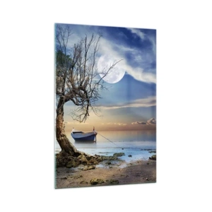 Cuadro sobre vidrio - Impresiones sobre Vidrio - Un árbol solitario y un barco en aguas tranquilas bajo la luna llena. - 70x100cm - ¿Es el final o el principio? - Decoración de pared moderna para salón y dormitorio ARTTOR