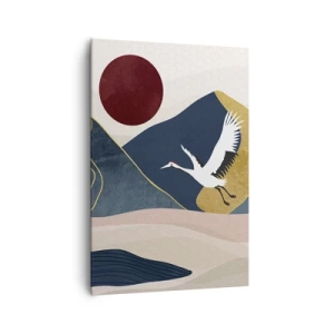 Cuadro sobre lienzo - Impresión de Imagen - Grúas en vuelo con el telón de fondo de montañas y un sol rojo. - 70x100cm - Y el día ha vuelto a pasar volando - Decoración de pared moderna para salón y dormitorio ARTTOR