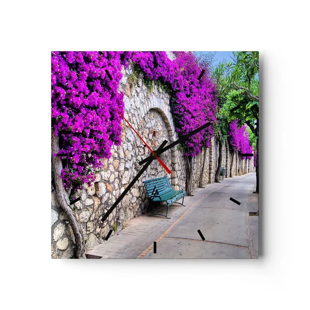 Reloj de pared - Reloj de vidrio - Un camino de piedra con un banco y flores moradas en flor. - 30x30cm - Punto de reunión - Decoración de pared moderna para salón y dormitorio ARTTOR