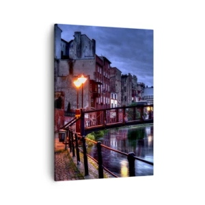Cuadro sobre lienzo - Impresión de Imagen - Vista nocturna de las casas de vecindad y el puente sobre el canal. - 50x70cm - No conocías Bydgoszcz así - Decoración de pared moderna para salón y dormitorio ARTTOR