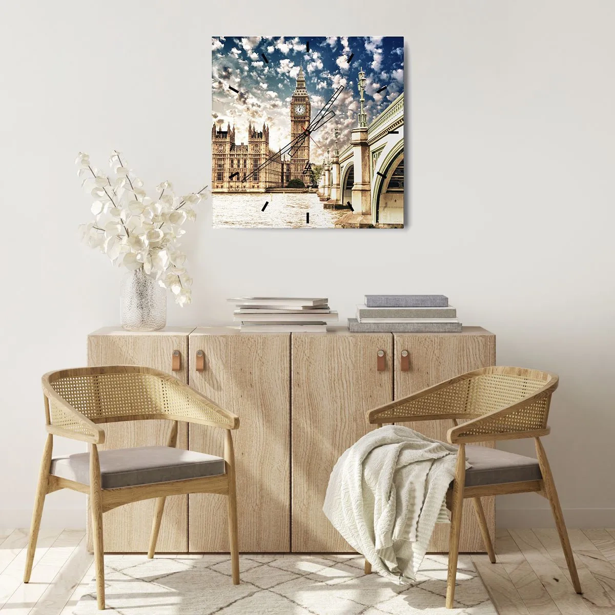 Reloj de pared - Reloj de vidrio - Nubes sobre el Támesis - 40x40 cm