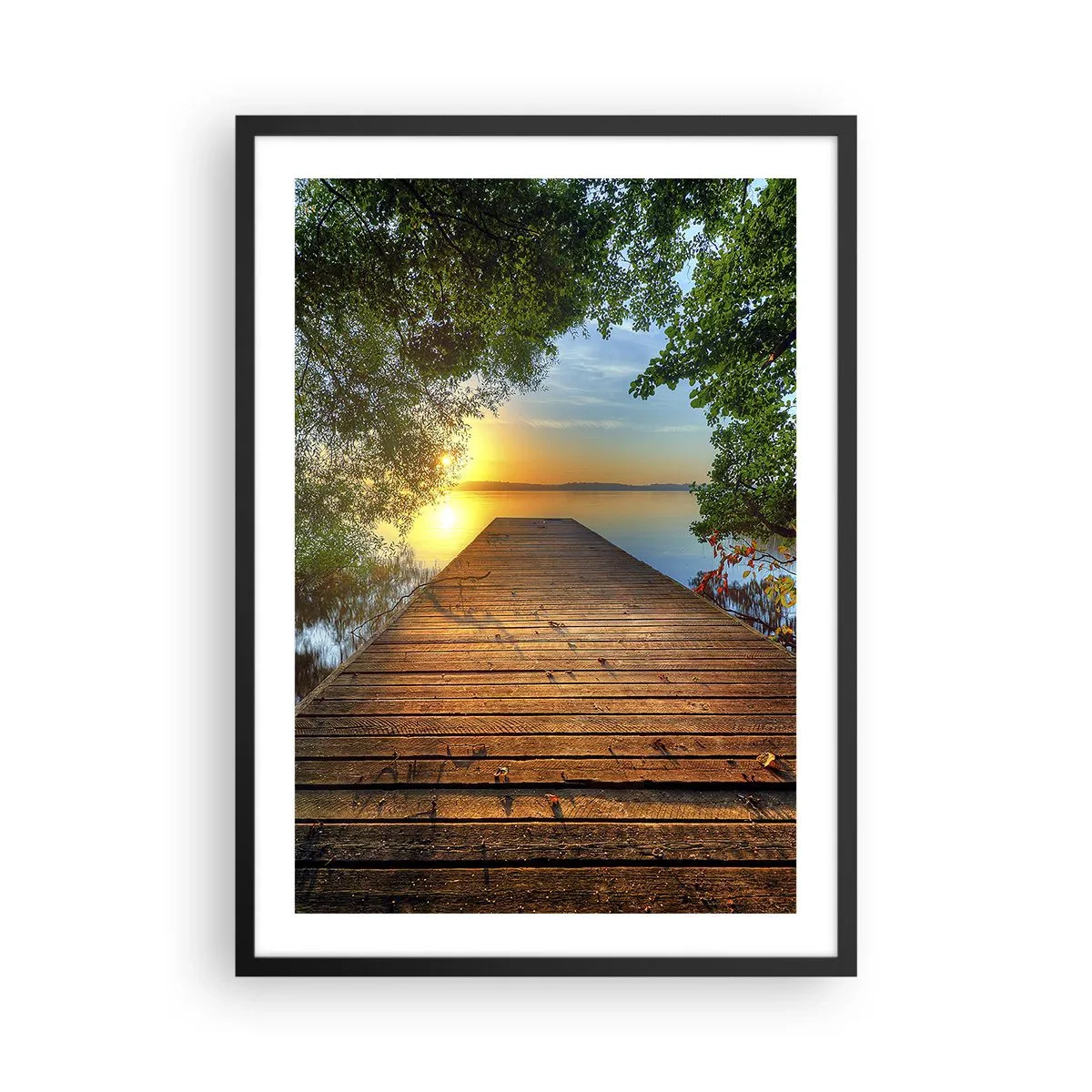 Póster en marco negro - Muelle junto al lago al atardecer - 50x70cm - Tómate tu tiempo, siéntate - Decoración de pared moderna para salón y dormitorio ARTTOR