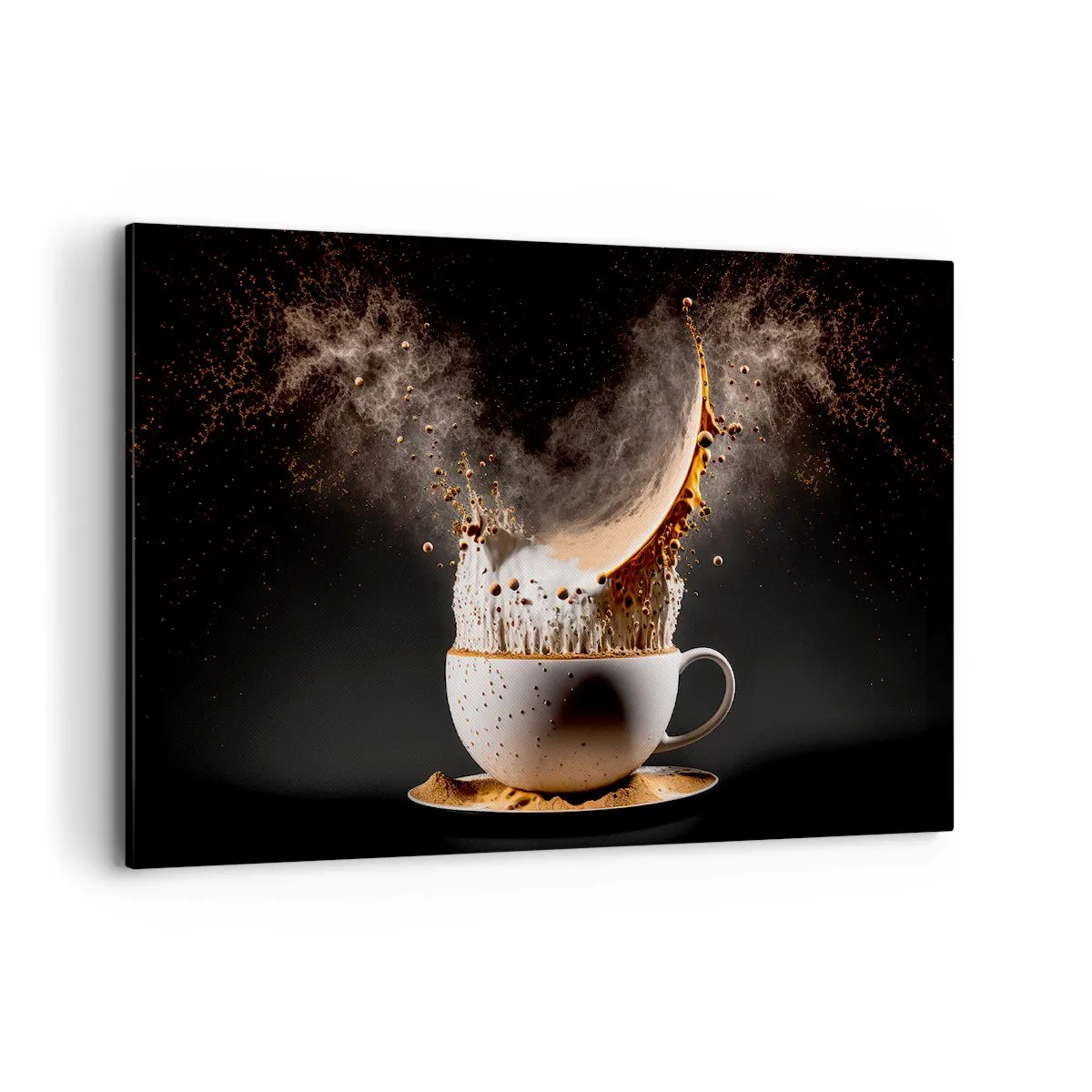 Cuadro sobre lienzo - Impresión de Imagen - Una taza de café con una explosión dinámica de líquido sobre un fondo negro. - 120x80cm - Una explosión de sabor - Decoración de pared moderna para salón y dormitorio ARTTOR