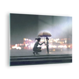 Cuadro sobre vidrio - Impresiones sobre Vidrio - Figuras bajo la lluvia con paraguas contra el fondo de luces nocturnas. - 70x50cm - Y todo está bien - Decoración de pared moderna para salón y dormitorio ARTTOR