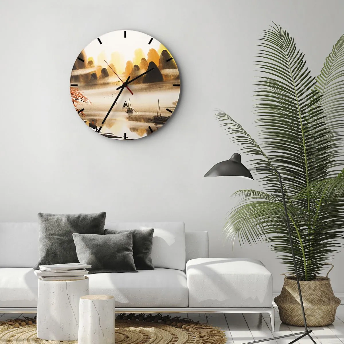 Reloj de pared - Reloj de vidrio - Paisaje con montañas y barcos en la niebla en estilo oriental. - 30x30cm - Más allá del Lejano Oriente - Decoración de pared moderna para salón, cocina y dormitorio ARTTOR