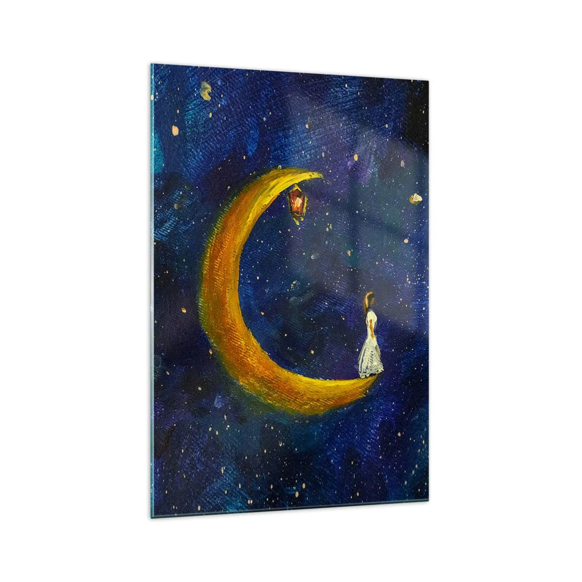 Cuadro sobre vidrio - Impresiones sobre Vidrio - Una niña parada en la luna en un cielo estrellado. - 70x100cm - La llamada de la Luna - Decoración de pared moderna para salón y dormitorio ARTTOR