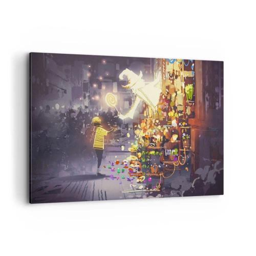 Cuadro sobre lienzo - Impresión de Imagen - Un personaje de cuento de hadas y un niño en una calle llena de luces y magia. - 120x80cm - Los hechizos existen - Decoración de pared moderna para salón y dormitorio ARTTOR
