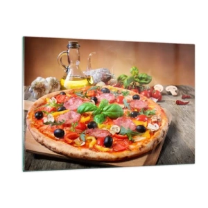 Cuadro sobre vidrio - Impresiones sobre Vidrio - Pizza con ingredientes sobre una mesa de madera con aceite de oliva y especias. - 120x80cm - Con un verdadero sabor italiano - Decoración de pared moderna para salón y dormitorio ARTTOR