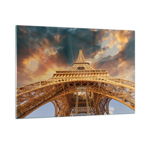 Cuadro sobre vidrio - Impresiones sobre Vidrio - La Torre Eiffel captada desde la perspectiva de un gusano - 120x80cm - Mientras la humanidad alcanza el cielo - Decoración de pared moderna para salón y dormitorio ARTTOR