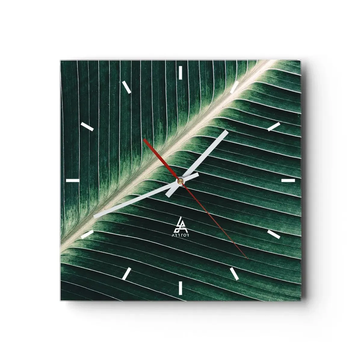 Reloj de pared - Reloj de vidrio - Primer plano de la estructura de una hoja verde. - 30x30cm - El ritmo de la naturaleza - Decoración de pared moderna para salón y dormitorio ARTTOR